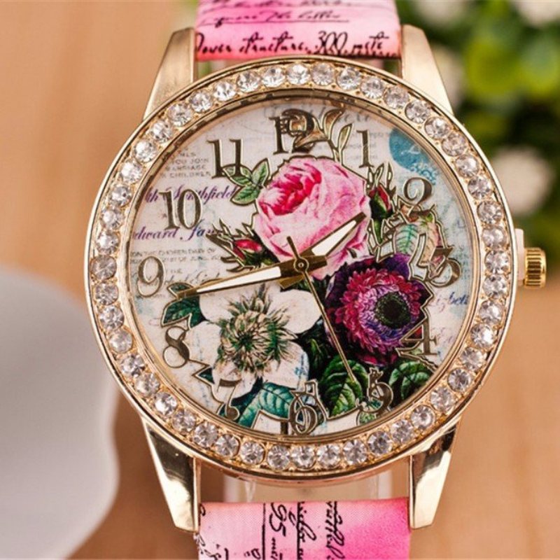 Skórzany Zegarek Z Pełnym Kryształem Górskim Lady Casual Floral Quartz Na Rękę Prezent Dla Niej