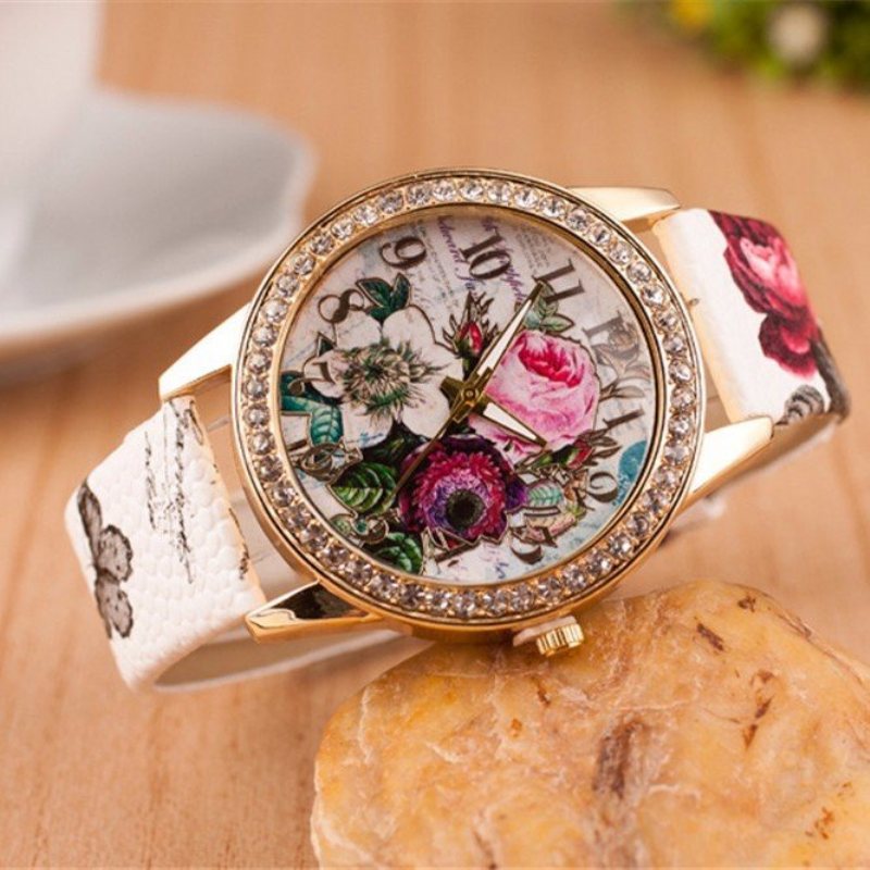 Skórzany Zegarek Z Pełnym Kryształem Górskim Lady Casual Floral Quartz Na Rękę Prezent Dla Niej