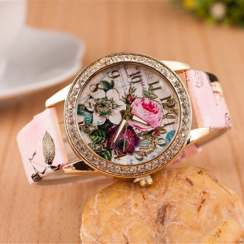 Skórzany Zegarek Z Pełnym Kryształem Górskim Lady Casual Floral Quartz Na Rękę Prezent Dla Niej