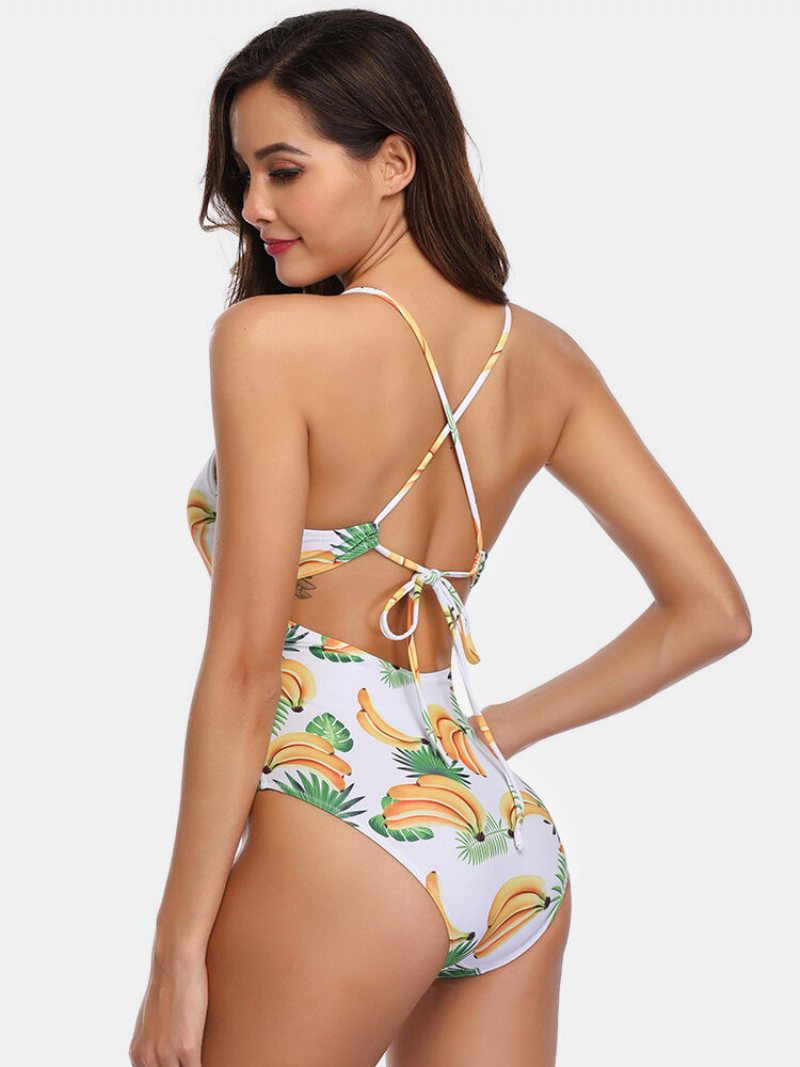 Stroje Kąpielowe Dla Kobiet Z Nadrukiem W Banany Tropikalne Seksowne Paski Spaghetti Criss-cross Backless One Piece