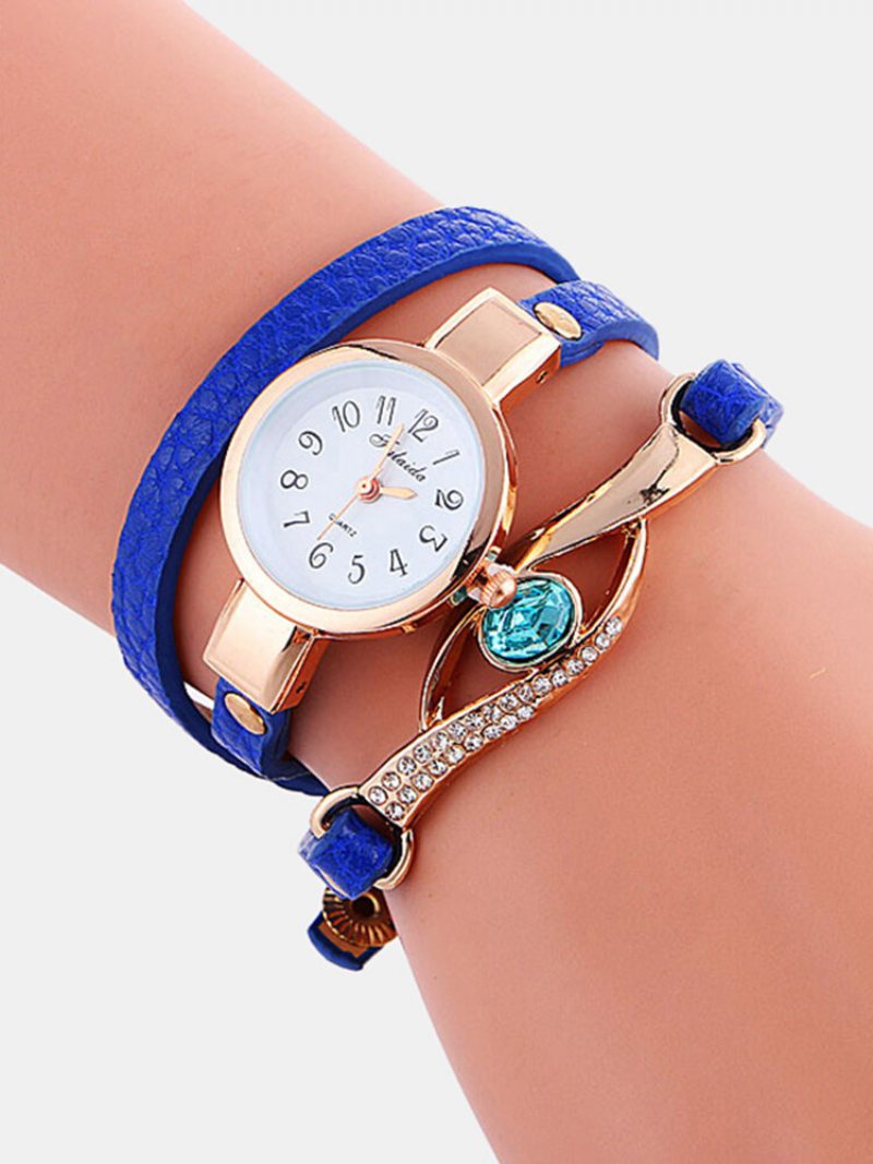 Wielowarstwowy Zegarek Retro Pu Strap Rhinestone Metalowy Niebieski Kryształowy Regulowany Kwarcowy