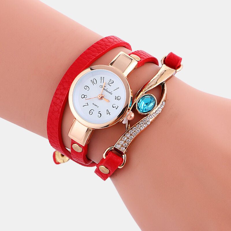 Wielowarstwowy Zegarek Retro Pu Strap Rhinestone Metalowy Niebieski Kryształowy Regulowany Kwarcowy