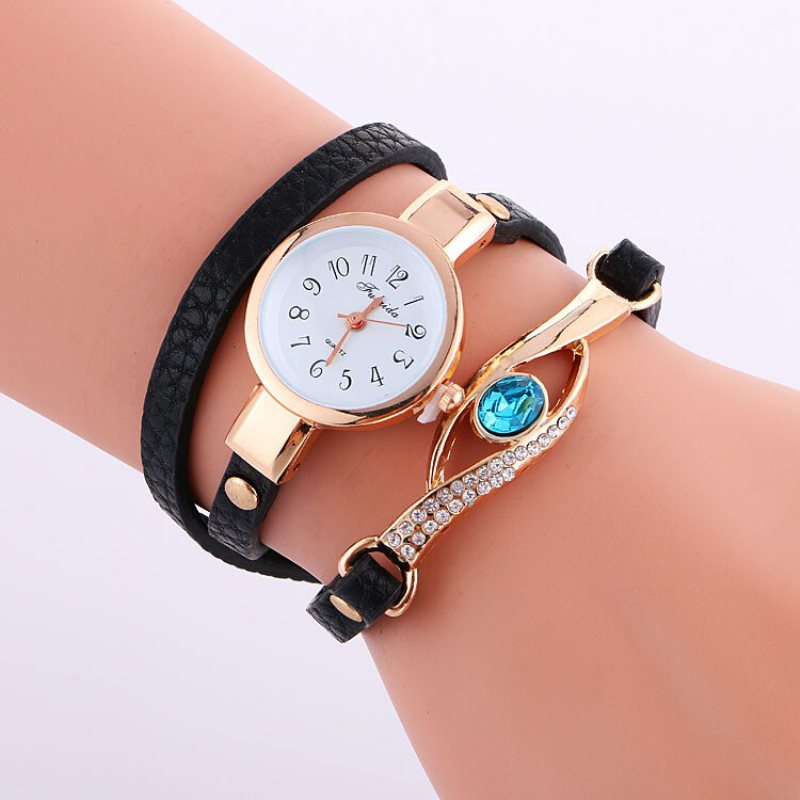 Wielowarstwowy Zegarek Retro Pu Strap Rhinestone Metalowy Niebieski Kryształowy Regulowany Kwarcowy