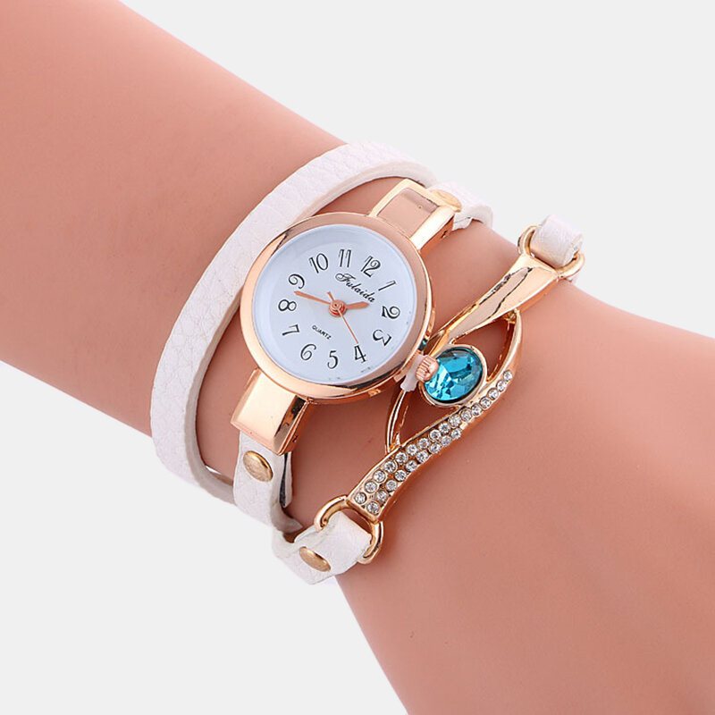 Wielowarstwowy Zegarek Retro Pu Strap Rhinestone Metalowy Niebieski Kryształowy Regulowany Kwarcowy