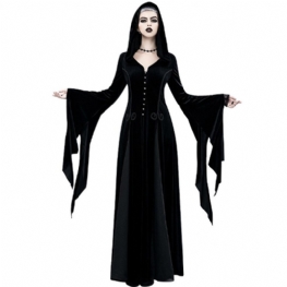 Kobiety Gotycki Kostium Na Halloween Renesansowa Średniowieczna Sukienka Cosplay Czarna Z Kapturem Z Długim Rękawem W Stylu Wiktoriańskim