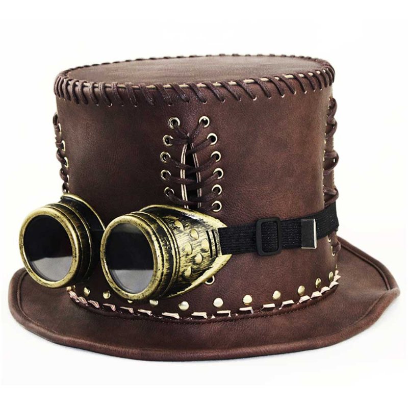 Unisex Steampunk Cylinder Retro Punk Rustykalny Pu Skóra Zasznurować Dżentelmen Kapelusz Na Kostiumy Halloween Party