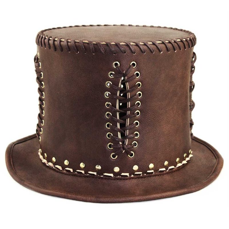 Unisex Steampunk Cylinder Retro Punk Rustykalny Pu Skóra Zasznurować Dżentelmen Kapelusz Na Kostiumy Halloween Party