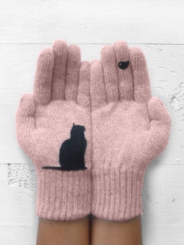 Damskie Wełniane Rękawiczki Jesień Zima Outdoor Ciepłe Wyściełane Na Zimno Cat Bird Print