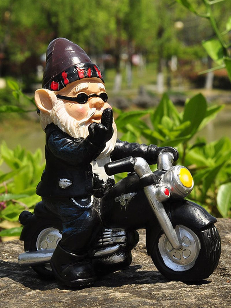 1pc Żywica Niegrzeczny Gnome Krasnolud Dekoracja Ogrodu Motocykl Statua Biały Stary Człowiek Akcesoria Ogrodowe Biurka