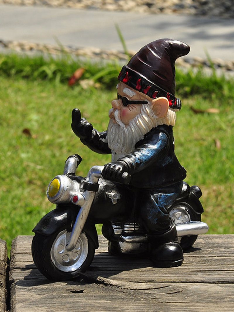 1pc Żywica Niegrzeczny Gnome Krasnolud Dekoracja Ogrodu Motocykl Statua Biały Stary Człowiek Akcesoria Ogrodowe Biurka