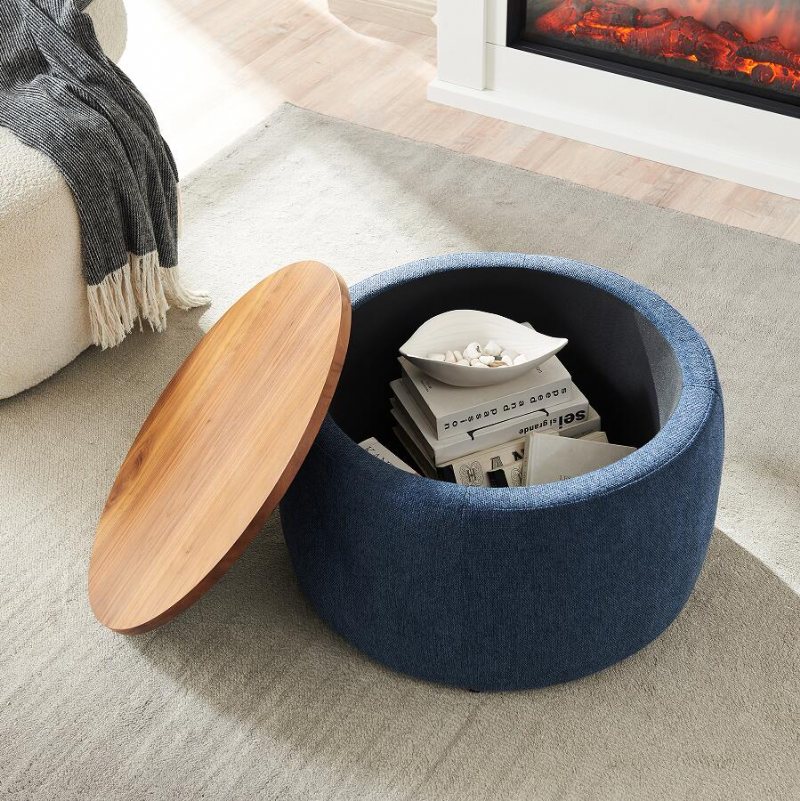 Round Storage Ottoman 2 W 1 Funkcja Działa Jako Stolik Końcowy I Navy (25.5x25.5x14.5 Cal)