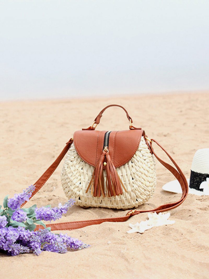 Damskie Podróżne Słomiane Torby Plażowe Tassel Patchwork Crossbody