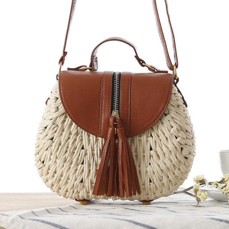 Damskie Podróżne Słomiane Torby Plażowe Tassel Patchwork Crossbody