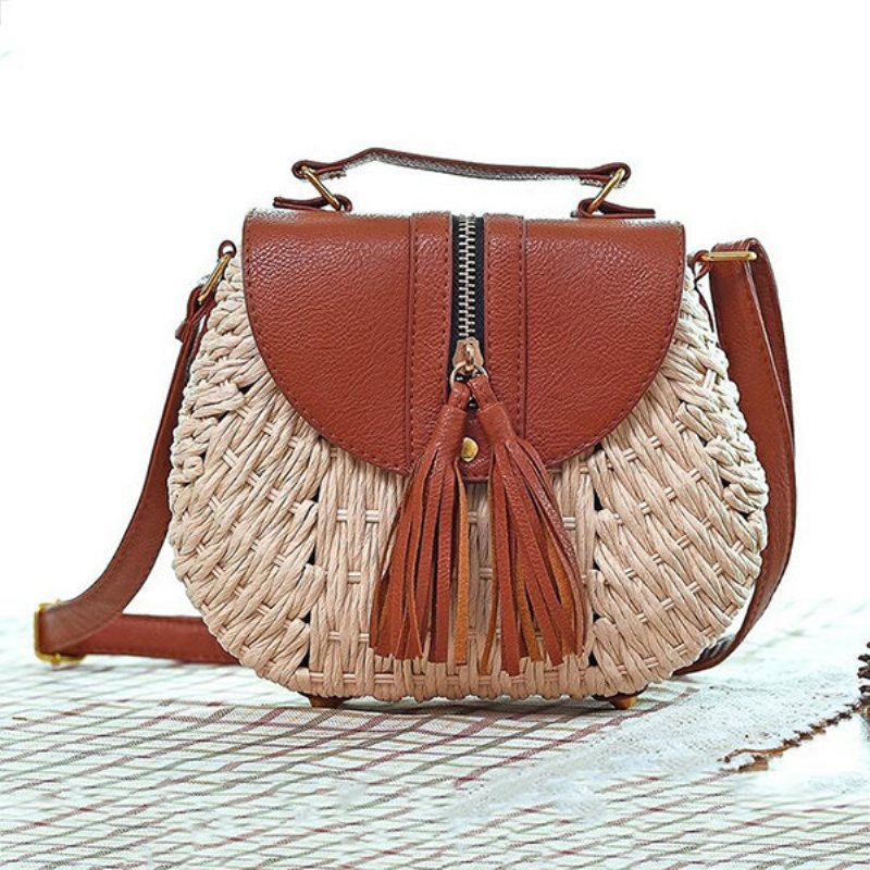 Damskie Podróżne Słomiane Torby Plażowe Tassel Patchwork Crossbody