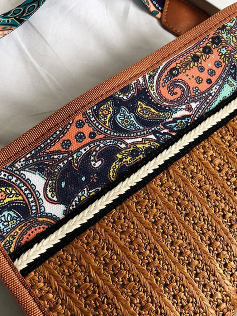 Kobiety Słoma Czeski Etniczny Wzór Projekt Kwadratowa Torba Crossbody Moda Vintage Na Ramię