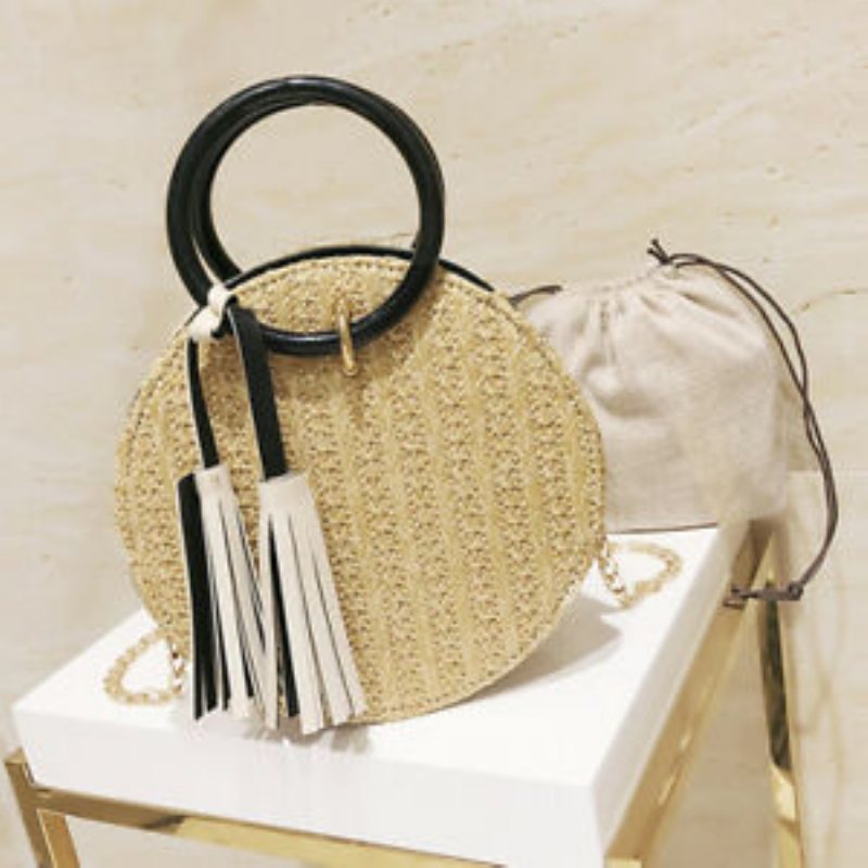 Okrągły Rattanowy Wiklinowy Słomkowy Tkany Tassel Crossbody Torba Plażowa Kosz Prezent