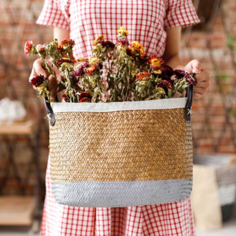 Ręcznie Tkany Kosz O Dużej Pojemności Domowa Torba Do Przechowywania Zabawek Na Zakupy Fashion Home Na Kwiaty Decor Ze Skórzaną Rączką