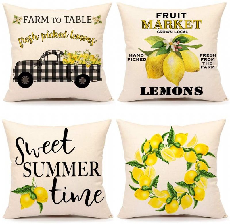 4 Sztuk Summer Lemon Farmhouse Cytat Rzuć Poszewki Na Poduszki Buffalo Truck Poszewka Na Poduszkę Na Sofę Kanapa 18x18 Cali Bawełniana Pościel