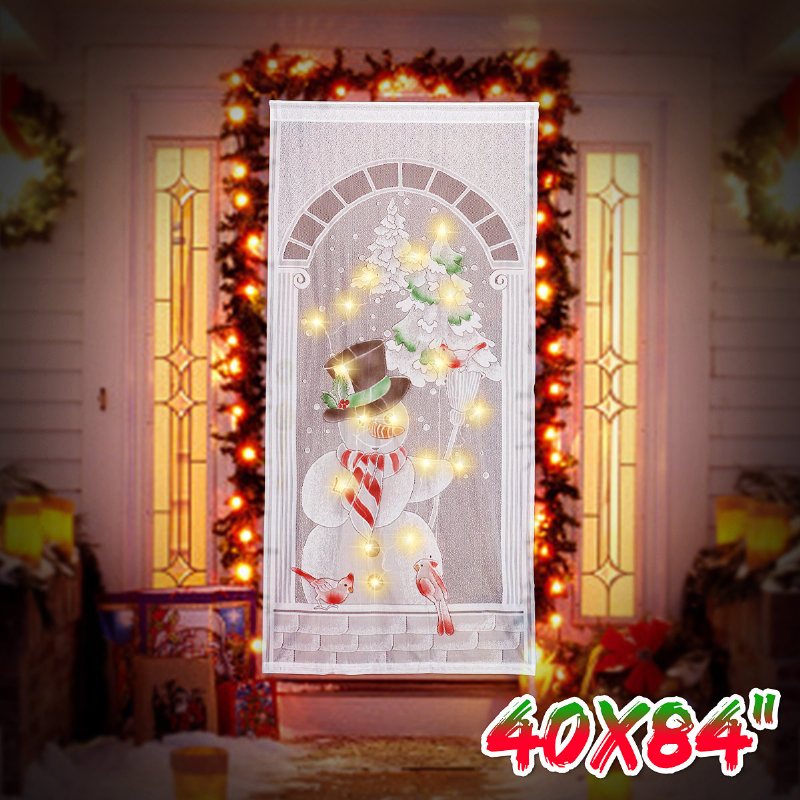 40x84 Cal Christmas Snowman Biała Koronkowa Zasłona Okna Z Ciągiem Led