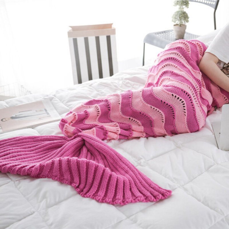 95x195 cm Przędza Knitting Mermaid Tail Koc Wave Stripe Ciepły Super Miękki Śpiwór Mata Na Łóżko