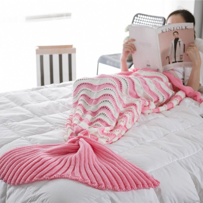 95x195 cm Przędza Knitting Mermaid Tail Koc Wave Stripe Ciepły Super Miękki Śpiwór Mata Na Łóżko