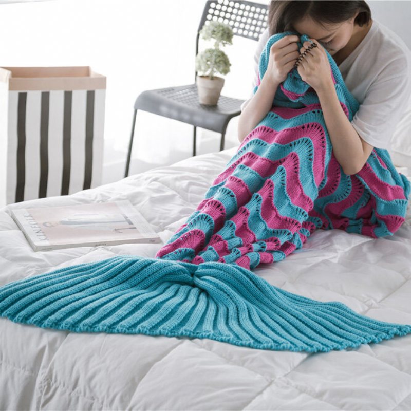 95x195 cm Przędza Knitting Mermaid Tail Koc Wave Stripe Ciepły Super Miękki Śpiwór Mata Na Łóżko