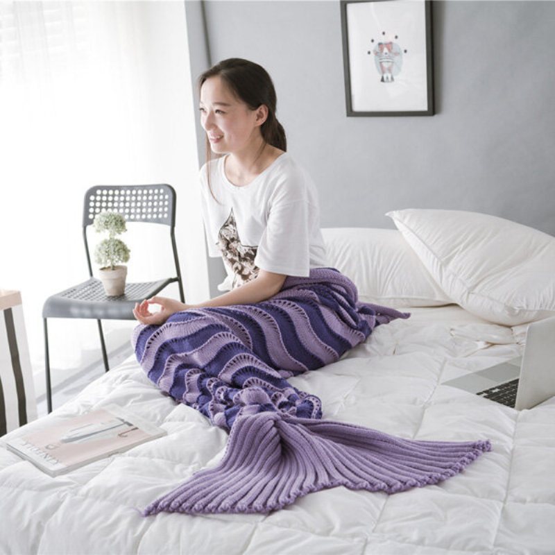 95x195 cm Przędza Knitting Mermaid Tail Koc Wave Stripe Ciepły Super Miękki Śpiwór Mata Na Łóżko