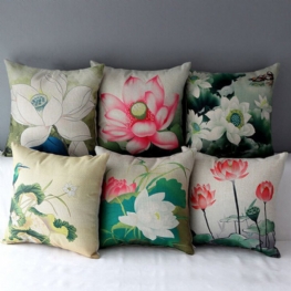 Chiński Atrament Lotus Series Rzuć Poszewka Na Poduszkę Bawełniana Lniana Na Home Sofa Decor