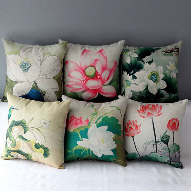 Chiński Atrament Lotus Series Rzuć Poszewka Na Poduszkę Bawełniana Lniana Na Home Sofa Decor