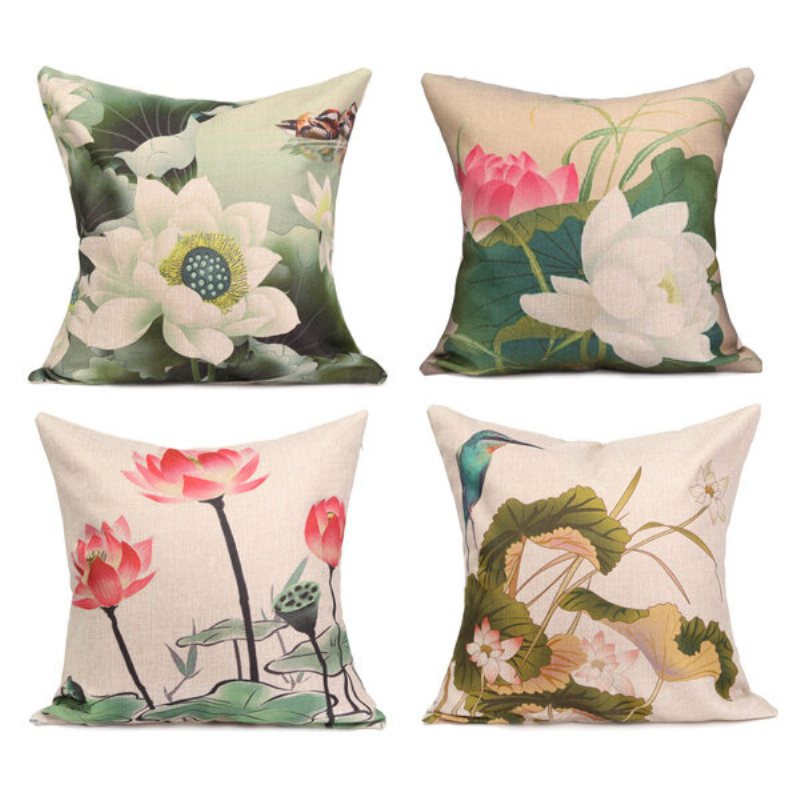 Chiński Atrament Lotus Series Rzuć Poszewka Na Poduszkę Bawełniana Lniana Na Home Sofa Decor