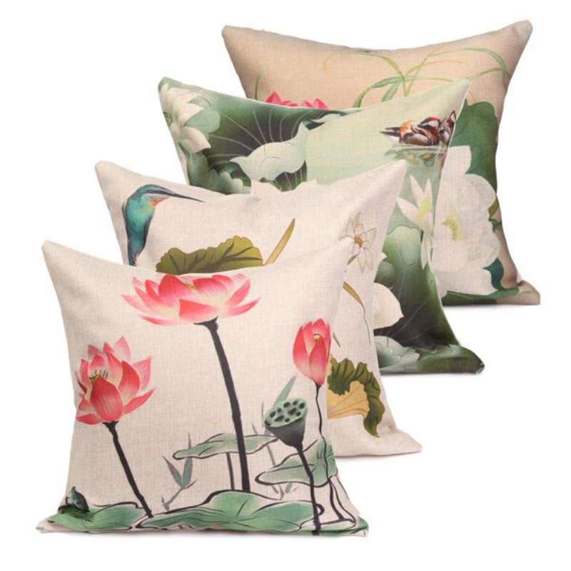 Chiński Atrament Lotus Series Rzuć Poszewka Na Poduszkę Bawełniana Lniana Na Home Sofa Decor