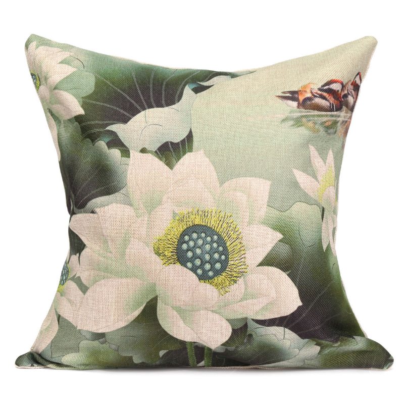 Chiński Atrament Lotus Series Rzuć Poszewka Na Poduszkę Bawełniana Lniana Na Home Sofa Decor