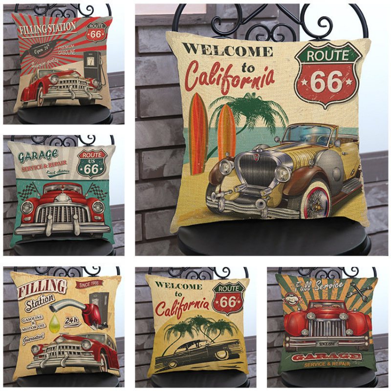 Vintage America Route 66 Samochody Klasyczne Wzór Lniana Poszewka Na Poduszkę Domowa Dekoracja Na Sofę Poszewki Na Poduszki