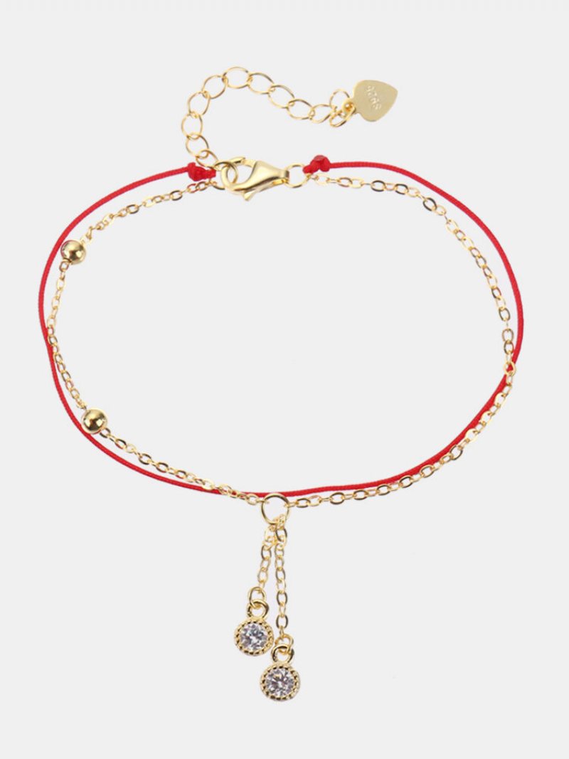 925 Sterling Silver Red Rope Lucky Charm Bransoletki Cyrkon Drop Frędzle Łańcuch Dla Kobiet