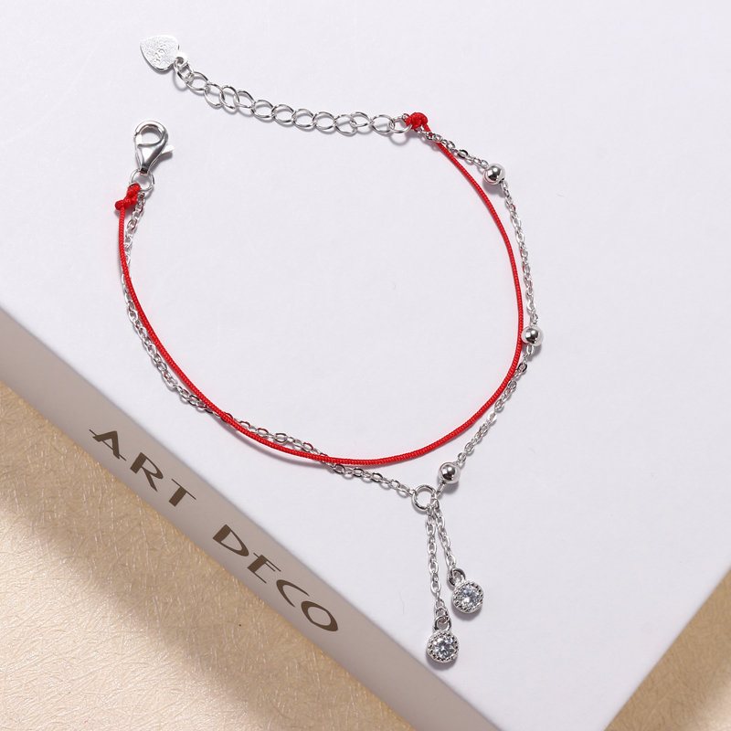 925 Sterling Silver Red Rope Lucky Charm Bransoletki Cyrkon Drop Frędzle Łańcuch Dla Kobiet