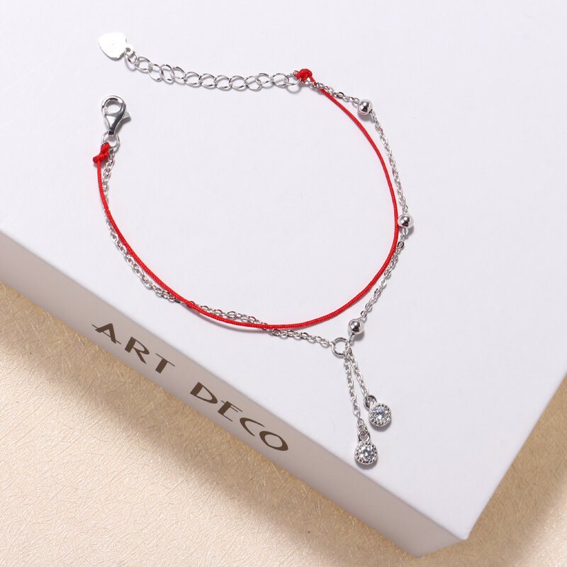 925 Sterling Silver Red Rope Lucky Charm Bransoletki Cyrkon Drop Frędzle Łańcuch Dla Kobiet