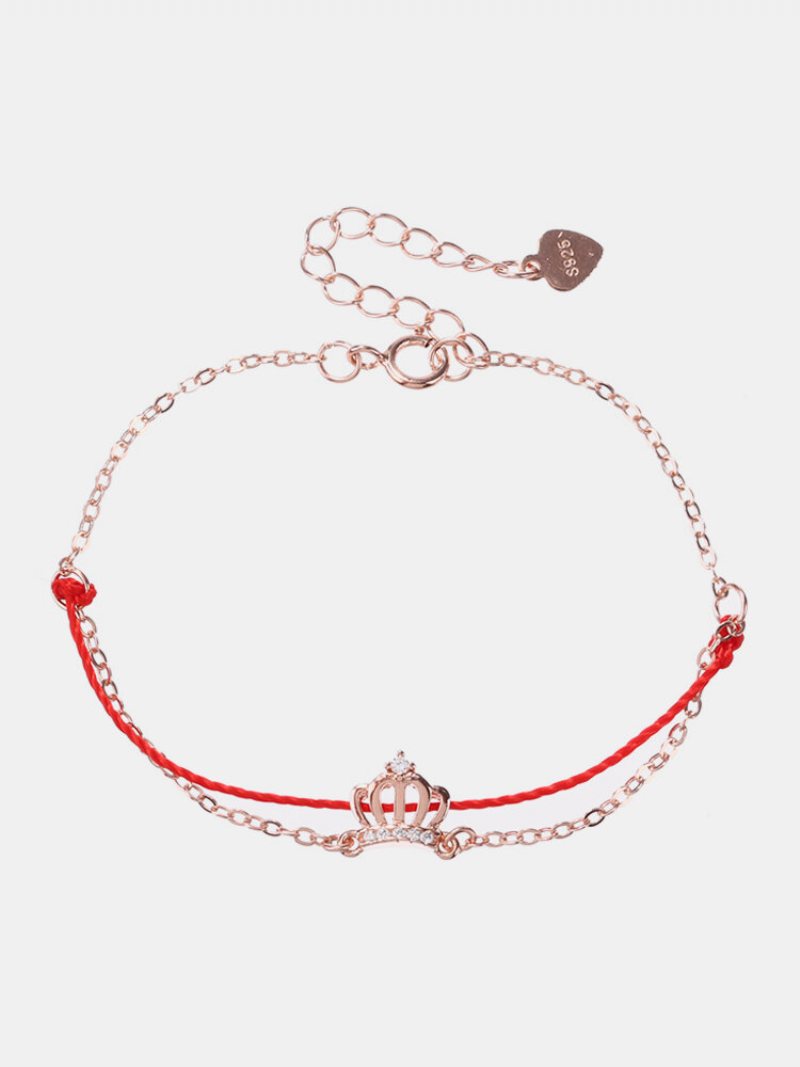 Luksusowe 925 Sterling Silver Red Rope Lucky Charm Bransoletki Zirconia Crown Rose Gold Chain