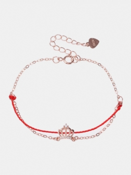 Luksusowe 925 Sterling Silver Red Rope Lucky Charm Bransoletki Zirconia Crown Rose Gold Chain