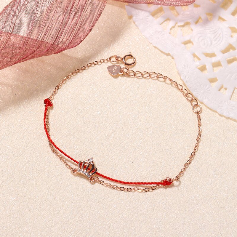 Luksusowe 925 Sterling Silver Red Rope Lucky Charm Bransoletki Zirconia Crown Rose Gold Chain