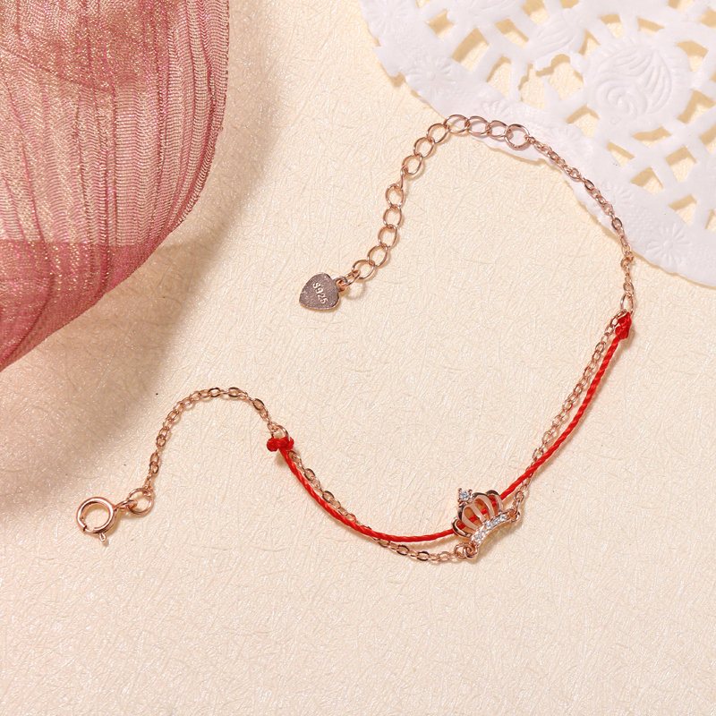 Luksusowe 925 Sterling Silver Red Rope Lucky Charm Bransoletki Zirconia Crown Rose Gold Chain