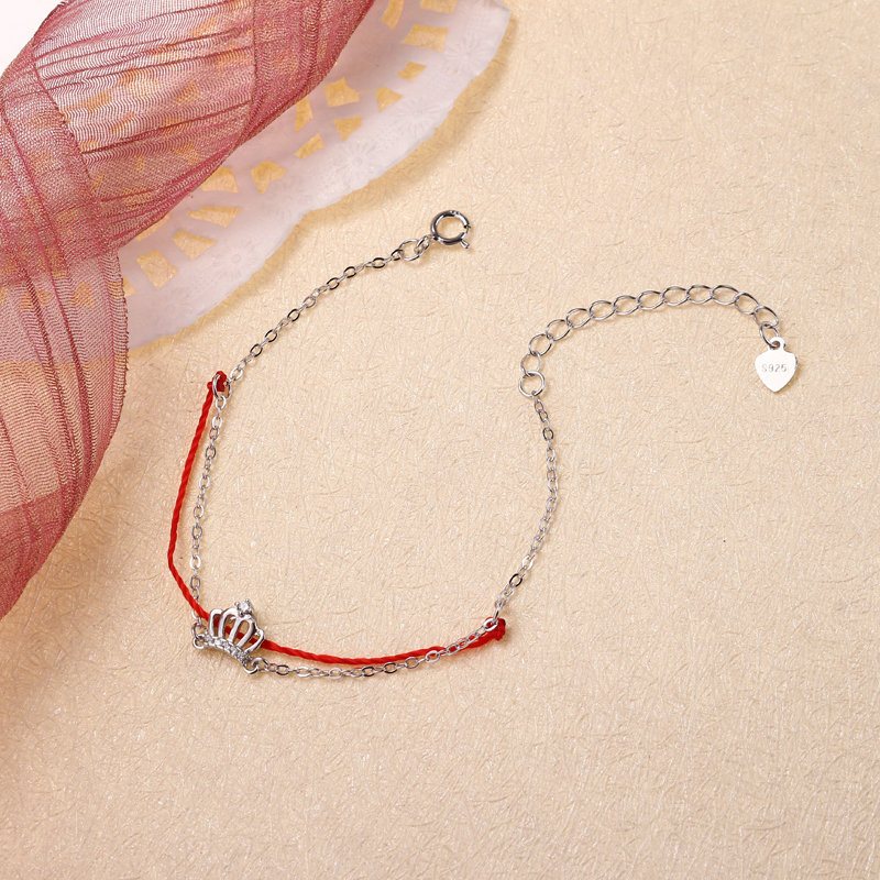 Luksusowe 925 Sterling Silver Red Rope Lucky Charm Bransoletki Zirconia Crown Rose Gold Chain