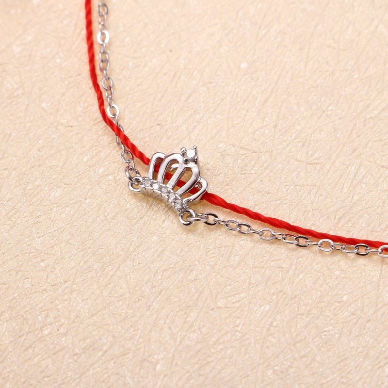 Luksusowe 925 Sterling Silver Red Rope Lucky Charm Bransoletki Zirconia Crown Rose Gold Chain