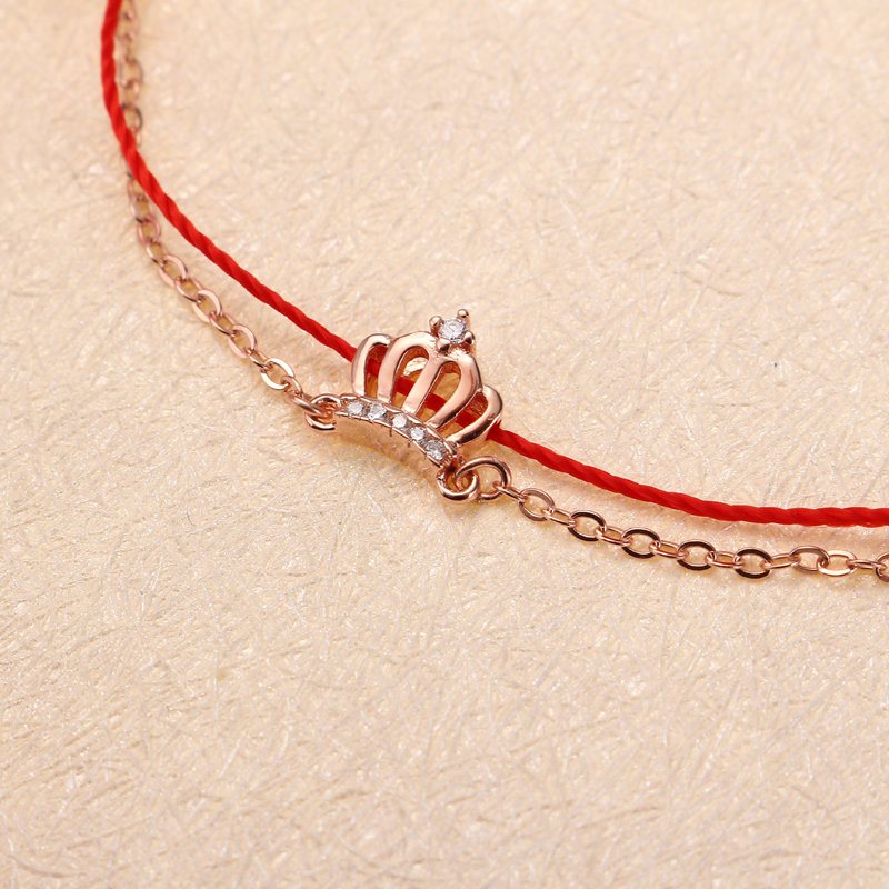 Luksusowe 925 Sterling Silver Red Rope Lucky Charm Bransoletki Zirconia Crown Rose Gold Chain