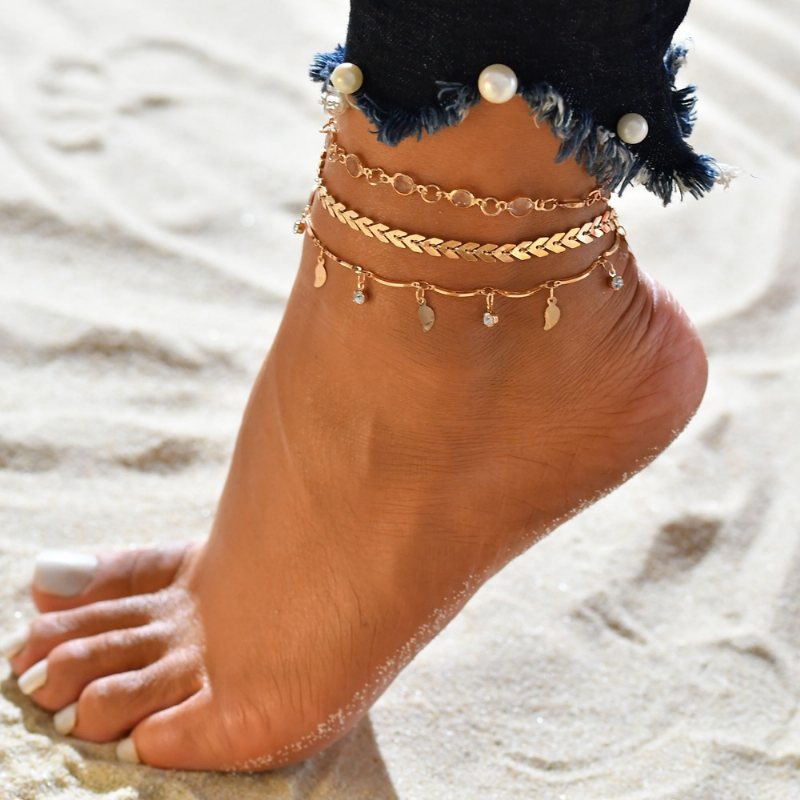 Plaża Anklet Lady Jewelry Fishbone Full Rhinestone Ręcznie Robiony Liść Beach