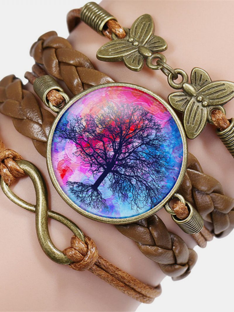 Vintage Tree Of Life Theme Pattern Butterfly Geometryczny Kształt Ręcznie Pleciona Wielowarstwowa Bransoletka Ze Stopu Pu Ze Szkła