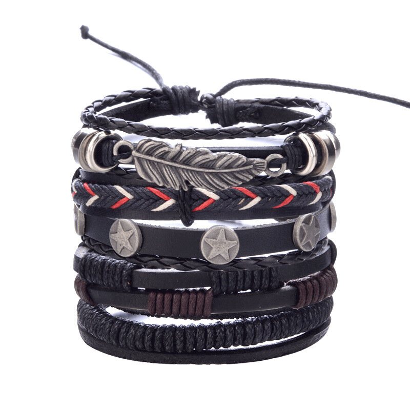 Zestaw Bransoletek W Stylu Vintage Punk Wielowarstwowy Wisiorek W Kształcie Liścia Pu Leather Handmade Bransoletka Tkacka